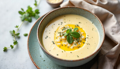 Cypriot avgolemono soup with herbs in a rustic bowl on a textured background