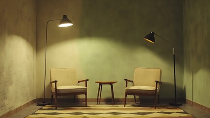 Two Armchairs A Table And Floor Lamps In A Room