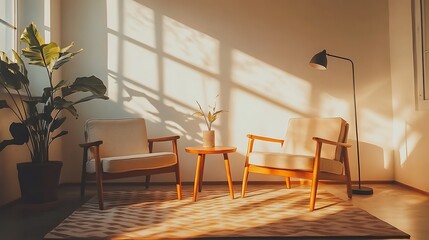 Sunlit Room With Two Wooden Armchairs And A Plant