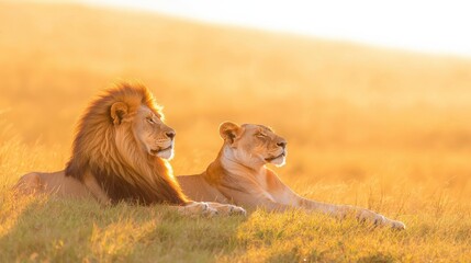 Majestic lions resting in golden savanna africa wildlife serene environment side view nature's beauty