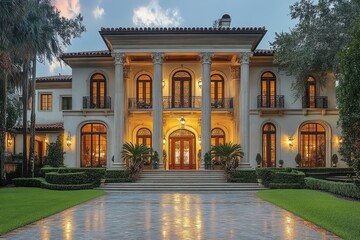 Fototapeta premium Luxurious mediterranean revival style mansion illuminating at dusk