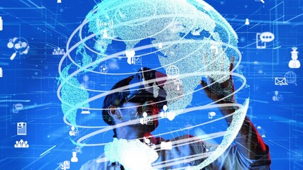 Excited man looking global connection hologram by using VR glasses. Skilled investor checking and looking at global communication and networking network connection holographic. Technology. Apparatus.