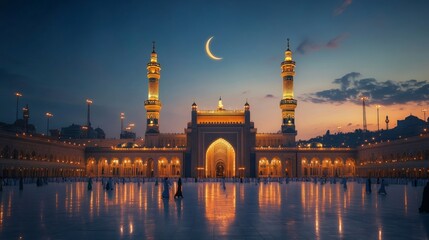 Fototapeta premium Muslim pilgrims praying in nabawi mosque under crescent moon at dusk
