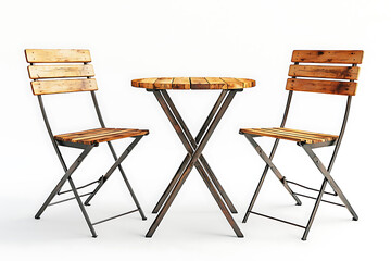 Wooden bistro table and two chairs with folding metal frames on a clean white background.