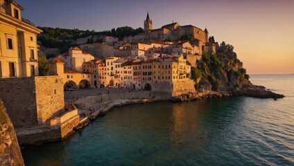 Sunset over the old town on the river