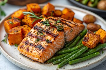 Grilled salmon with roasted vegetables and herbs