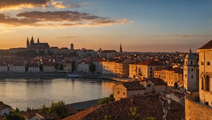 Naklejka premium Sunset over the old town on the river