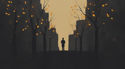 Lonely figure walking through autumn streets urban landscape digital art evening light contemplation