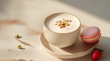 Aesthetic view of a latte with a pink macaron and strawberry on a neutral toned table in the sunlight.