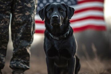Obraz premium Military working dog sitting with soldier and american flag