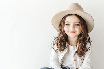 A charming young girl with long hair and a stylish hat. She smiles brightly, radiating joy and innocence in a cozy, neutral-toned environment.