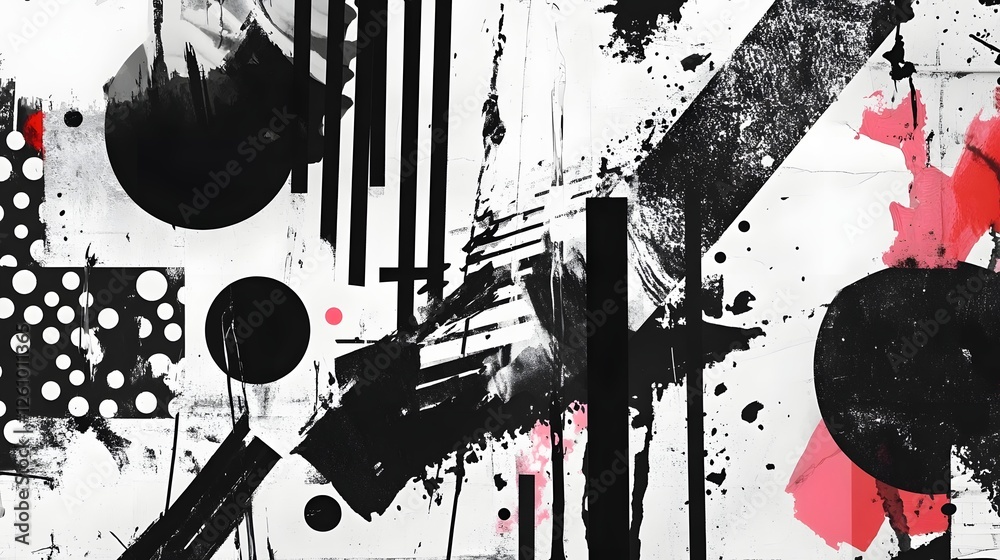 Poster Bold and dynamic abstract geometric painting created with ink splatters blots and brushstrokes in a monochrome and red color palette