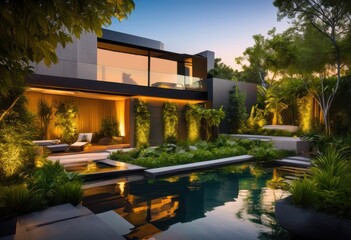 Fototapeta premium stunning urban oasis featuring lush greenery surrounded contemporary architecture tranquil water features relaxation, plants, trees, garden, foliage