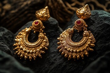Ornate gold earrings with intricate design and red gem on dark background