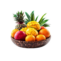 Exotic Fruit Bowl Pineapple, Mangoes, Oranges, and Red Plum in Rustic Wooden Bowl