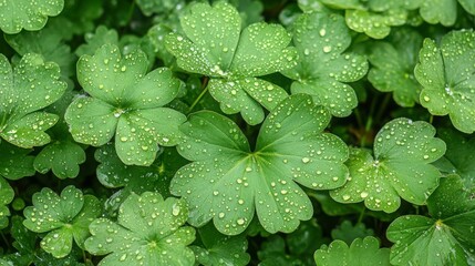 Closeup Wet Green Leaves with Water Droplets