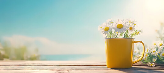 Summer Daisies in Yellow Mug: A cheerful bouquet of daisies in a bright yellow mug sits on a rustic wooden surface, with a sun-drenched beach scene softly blurred in the background.