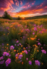 Fototapeta premium stunning sunset over vibrant field textures lush colorful ornate sky patterns, golden, hour, twilight, dusk, evening, brightness, colors, cloud, formations