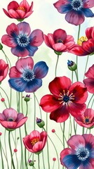 Obraz premium Delicate and vibrant flowers in rich warm and cool tones fill the composition, blending harmoniously into a light background, perfect for seasonal designs