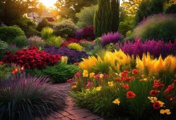 Fototapeta premium vibrant flower beds contrasting foliage textures showcasing palette colorful blooms rich greenery, petals, garden, colors, landscape, spring, summer, plant