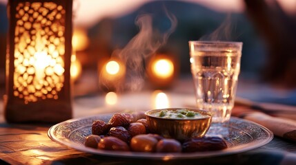 Close-Up of a Plate of Dates, Glass of Water, and Steaming Bowl of Soup Set on a Table Ready for Iftar During Ramadan, with Soft Glow of Lanterns in the Background