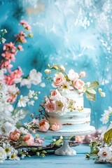 vertical banner, white two-tiered wedding cake decorated with delicate white pink flowers of roses and peonies, blue background, copy space, free space for text