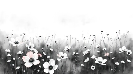 Vibrant flowers with blooming petals fill the composition, blending warm and cool tones against a soft background, ideal for greeting cards and invitations