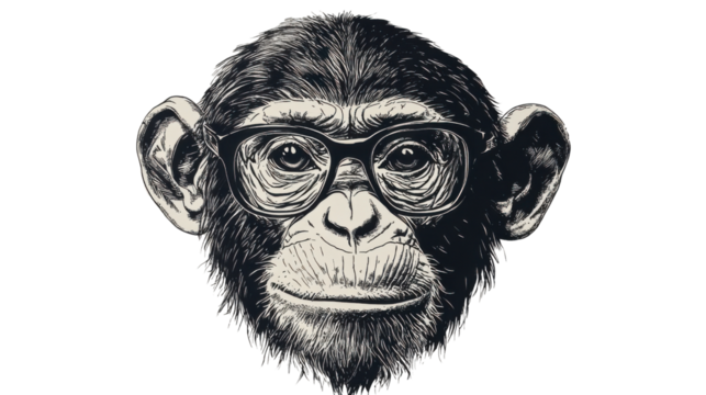 Curious chimpanzee wearing glasses on transparent background
