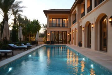 Fototapeta premium Luxury villa with illuminated swimming pool at dusk