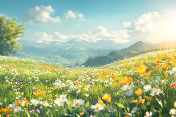 Fototapeta premium Mountain Meadow Bloom: A vibrant tapestry of wildflowers carpets a picturesque mountain meadow, basking in the golden glow of a setting sun.