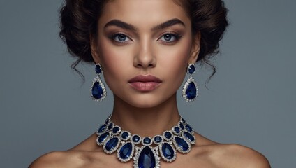 Elegant woman with makeup wearing jewelry necklace with sapphire and diamond on grey background