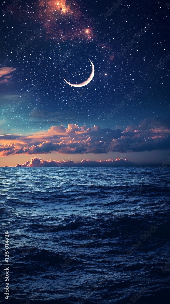 Aufkleber a stunning view captures the crescent moon glowing brightly over calm ocean waters, with soft clouds