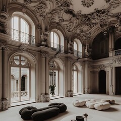 Grand Hall Interior Design Featuring Ornate Architecture and Modern Seating