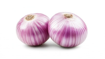 Two Fresh Purple Onions with Striped Surface on a Clean White Background