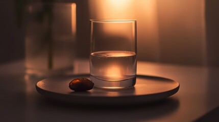 Contemporary Minimalist Iftar Setup with Sleek Glass of Water and Single Date on Geometric Plate Under Soft Lighting