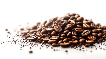 Roasted Coffee Beans and Grounds Scattered on White