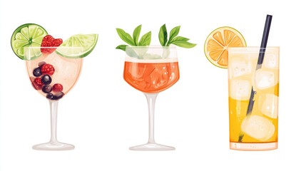 Colorful cocktails with fresh fruit garnishes at a summer party during sunset