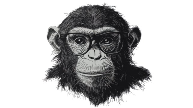 Smart chimpanzee wearing glasses on transparent background