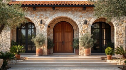 Naklejka premium Elegant stone house entrance with wooden door and archways