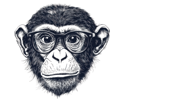 Portrait of chimpanzee wearing eyeglasses on transparent background