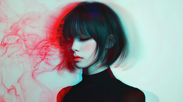 Chromatic aberration portrait of a woman with closed eyes and peaceful expression