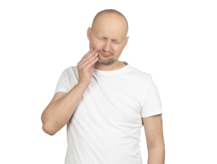 Man in white t-shirt experiencing toothache and facial pain
