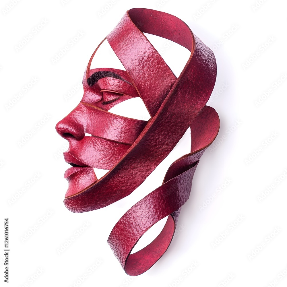 Poster Enigmatic Red Ribbon Portrait   Surreal Conceptual Creative Art Digital Depicting a Symbolic Facial Expression or Mask with Ribbon Texture