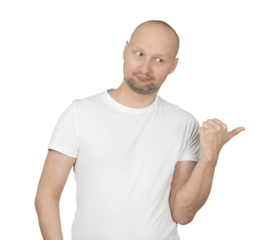 Playful man in white t-shirt pointing thumb to the side