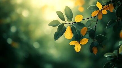 Golden Autumn Leaves on a Branch in Sunlight