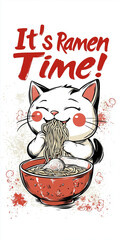 Cute Cat Eating Ramen - Kawaii Japanese Illustration