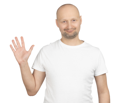 Smiling Caucasian man waving with a friendly expression