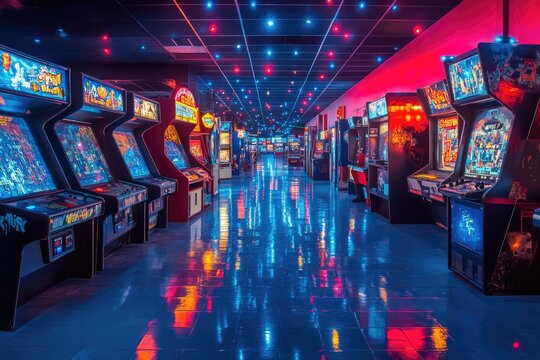 Arcade games shining in empty amusement arcade at night