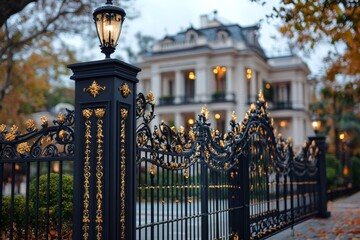 Fototapeta premium Wrought iron fence with golden ornaments protecting luxury mansion