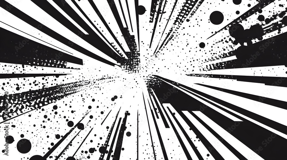 Poster Explosive burst of luminous energy with radiating beams and granular motifs in a dynamic and captivating abstract digital graphic design  The image evokes a sense of power